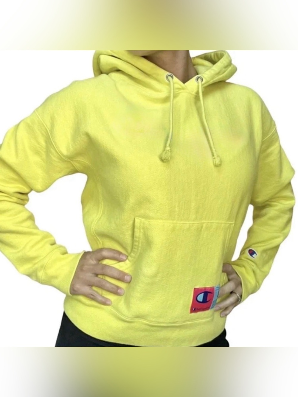 NEW CHAMPION REVERSE WEAVE YELLOW BOX LOGO HOODIE HOODED SWEATSHIRT XS WOMENS